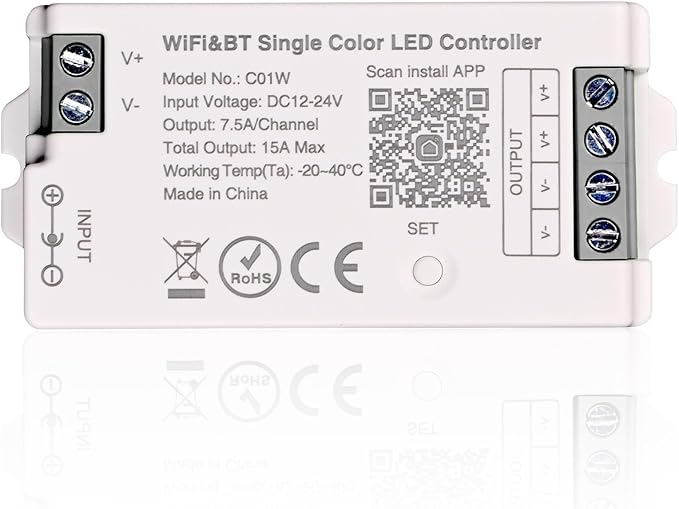 C01W Single Color LED Controller, Tuya WiFi 2.4G RF, 2Pin PWM Dimmer for LED Strip, APP & Voice Control, Compatible with Alexa Google Home, Compatible with WR02RF RC01RFB Remote