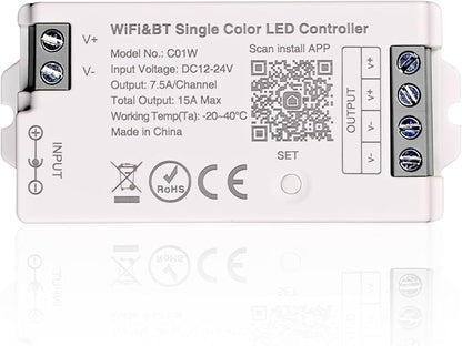 C01W Single Color LED Controller, Tuya WiFi 2.4G RF, 2Pin PWM Dimmer for LED Strip, APP & Voice Control, Compatible with Alexa Google Home, Compatible with WR02RF RC01RFB Remote