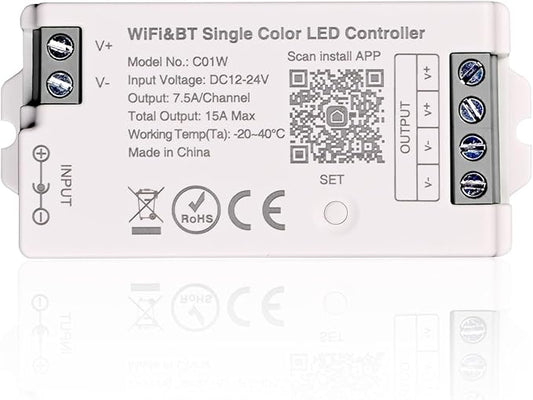 C01W Single Color LED Controller, Tuya WiFi 2.4G RF, 2Pin PWM Dimmer for LED Strip, APP & Voice Control, Compatible with Alexa Google Home, Compatible with WR02RF RC01RFB Remote