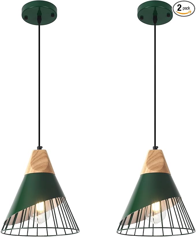 Farmhouse Pendant Light 9.4ines, 2 Packs- Green Industrial Kitchen Pendant Lights for Kitchen Island, Bar, Bedroom, Office, Library