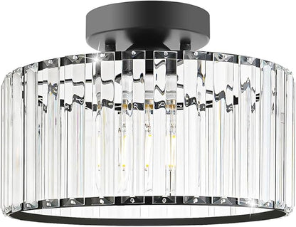Crystal Ceiling Light Fixture, Modern Semi Flush Mount Ceiling Light, Black Close To Ceiling Light Fixtures, Crystal Chandelier Entryway Light, 11in Chandelier for Bedroom Porch Kitchen Living Room
