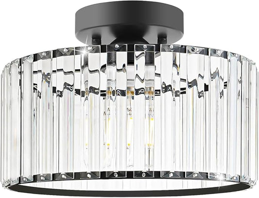Crystal Ceiling Light Fixture, Modern Semi Flush Mount Ceiling Light, Black Close To Ceiling Light Fixtures, Crystal Chandelier Entryway Light, 11in Chandelier for Bedroom Porch Kitchen Living Room