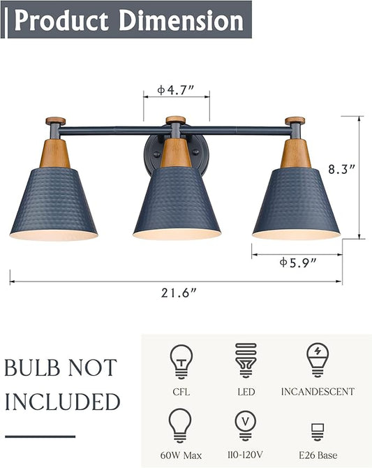 FEMILA Bathroom Vanity Light, 3-Light Modern Bathroom Light Fixture with Hammered Metal Shade Finish, Dark Blue Wall Sconce Lamp Lighting for Bedroom, 4FG59B-3W Blue
