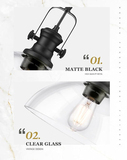 Large Pendant Lights Kitchen Island, 10.5" Farmhouse Black Pendant Lighting with Clear Glass Shade, Vintage Hanging Light Fixtures for Dining Room Entryway, Adjustable Cord, AD-22151-1PL-BK-C