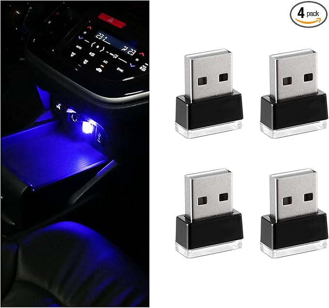 4 PCS USB LED Car Interior Atmosphere Lamp, Portable Mini LED Night Light, Plug-in USB Interface Trunk Ambient Lighting Kit, Universal Interior Car Accessories (Blue)