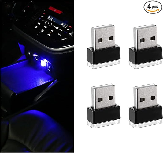 4 PCS USB LED Car Interior Atmosphere Lamp, Portable Mini LED Night Light, Plug-in USB Interface Trunk Ambient Lighting Kit, Universal Interior Car Accessories (Blue)