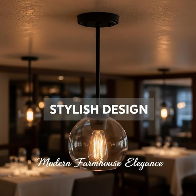 Pendant Light – 7 Inch Modern Hanging Fixture with Clear Glass Globe & Matte Black Finish, Adjustable Iron Rods & Sloped Ceiling Compatible for Kitchen Island Dining Room Bedroom Hallway, 2 Pack
