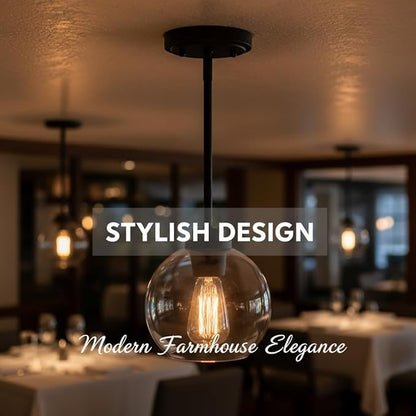 Pendant Light – 7 Inch Modern Hanging Fixture with Clear Glass Globe & Matte Black Finish, Adjustable Iron Rods & Sloped Ceiling Compatible for Kitchen Island Dining Room Bedroom Hallway, 2 Pack
