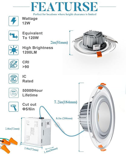 Lightdot 6" LED Recessed Lighting w/Night Light, Triac Dimmable, 12W 3000K/4000K/5000K Adjustable, Memory, CRI＞90, Retrofit, Gray w/Clear Acrylic Trim - 6 Pack