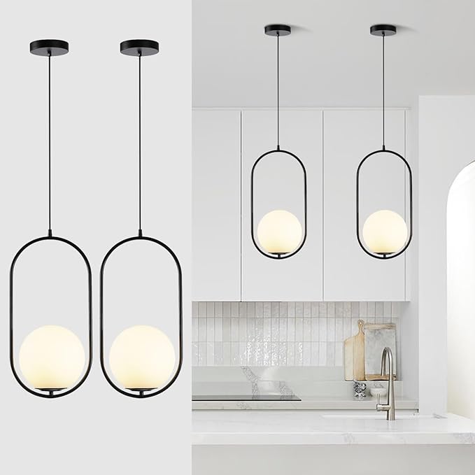 Modern Black Globe Pendant Light Set of 2 Frosted Glass Shade Geometric Hanging Fixture Indoor Adjustable Hanging Pendant Lamp Spherical Lighting for Kitchen Island Bedroom