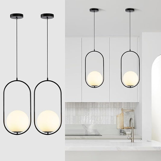 Modern Black Globe Pendant Light Set of 2 Frosted Glass Shade Geometric Hanging Fixture Indoor Adjustable Hanging Pendant Lamp Spherical Lighting for Kitchen Island Bedroom