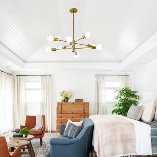 HHR 8-Light Gold Sputnik Ceiling Light Fixture, 26-Inch Kitchen Chandelier with Adjustable Height, E26 Mid Century Modern Chandelier for Dining Room Living Room Foyer Entryway