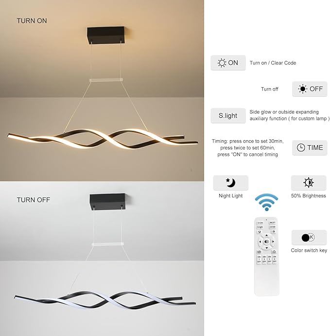 Jaycomey Modern Chandelier for Dining Room Dimmable LED Pendant Light with Remote Control, Acrylic Wave Chandeliers Adjustable Hanging Chandeliers for Bedroom Kitchen Living Room,3000K-6000K,28W,Black