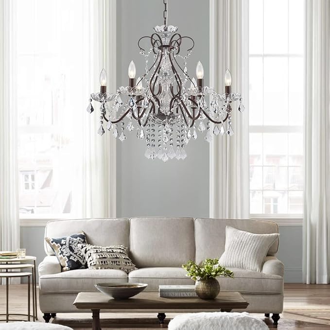 Saint Mossi 6 Light Crystal Chandelier Light Fixture Modern Chandelier Crystal Lighting, Crystal Pendant Raindrop Chandelier for Dining Room,Bedroom,Living Room,H23 x D24, 6-Light
