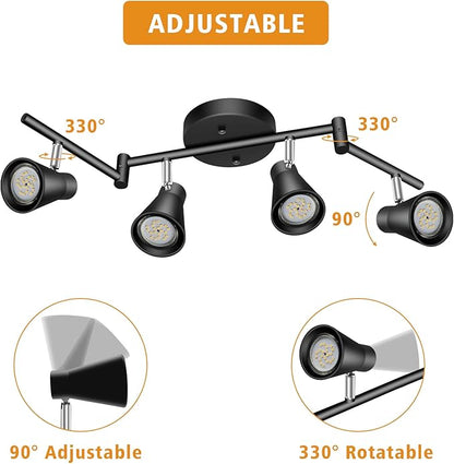 LABOREDUCER Track Lighting Fixture Ceiling, LED Flexible Track Lights with Swing Arm, 4-Light Directional Black Flush Mount Ceiling Spotlight for Kitchen, Living Room (GU10 Bulbs NOT Included)