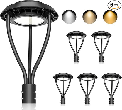 KUKUPPO 6Pack 60W LED Post Top Light ETL Listed 8400Lm Adjustable CCT 3000K/4000K/5000K, Adjustable Wattage 60W/48W/36W Outdoor Pole Light Fixture with Photocell IP65 Waterproof AC100-277V