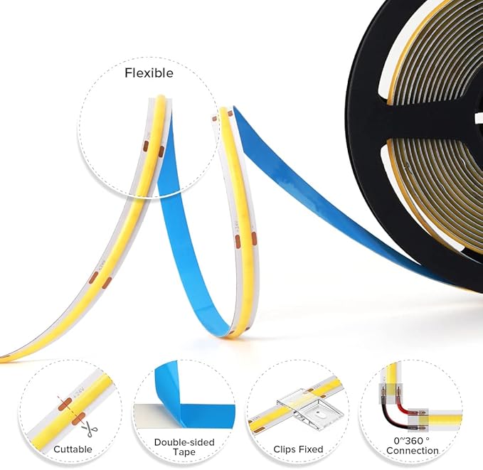 BTF-LIGHTING FCOB COB LED Strip Flexible High Density Uniform Light 9W/m 16.4FT DC12V Warm White 3000K CRI 90+ 8mm Width Dimmable LED Ribbon for Indoor Decoration(No Adapter or Controller)