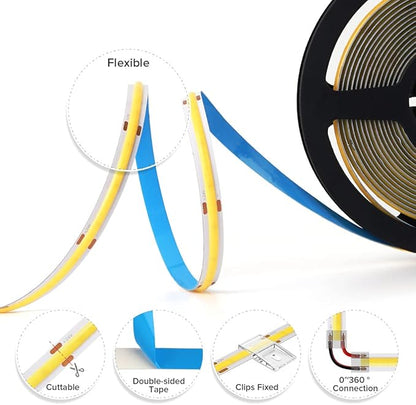 BTF-LIGHTING FCOB COB LED Strip Flexible High Density Uniform Light 9W/m 32.8FT DC24V Warm White 3000K 480LED/m CRI 90+ 8mm Width for Home Indoor Decor(No Adapter or Controller)