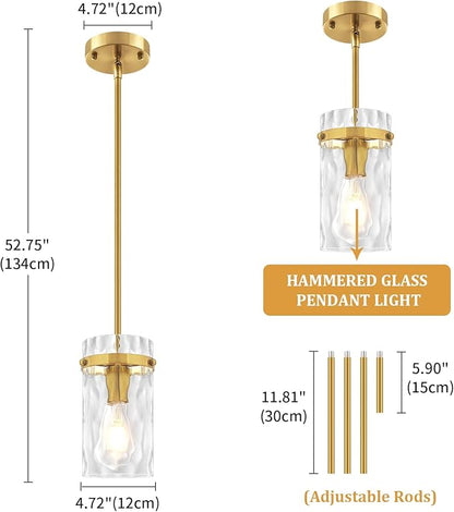 Brushed Gold Pendant Lights Kitchen Island 1 Pack Modern Hammered Glass Pendant Lighting Over Island Adjustable Kitchen Hanging Light Fixtures Mini Pendant Light for Bathroom Dining Room Hallway Foyer