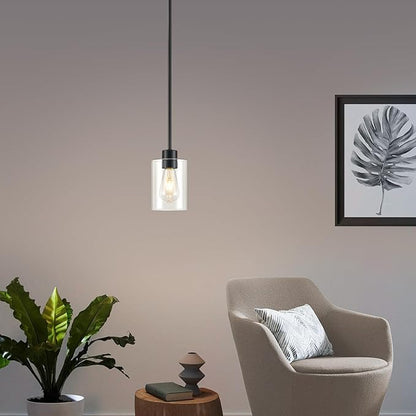 Modern Farmhouse Black Pendant Lights, Mini Hanging Light Fixture with Clear Glass Shade, Adjustable Rods for Kitchen Island, Sink, Bar (1 Pack)