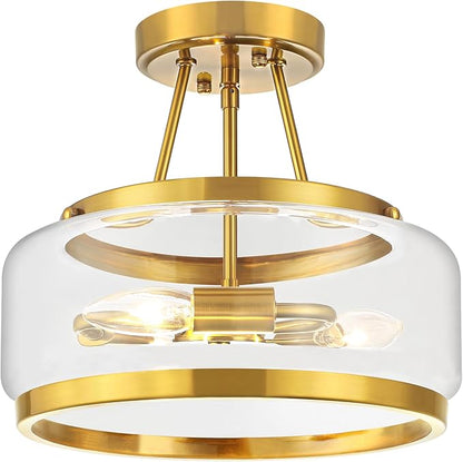 11.81" Gold Semi Flush Mount Ceiling Light Modern Glass Drum Ceiling Light Fixture 3-Light Ceiling Lights for Hallway Entryway Bedroom Kitchen Dining Room Laundry Room Close to Ceiling Light Fixtures