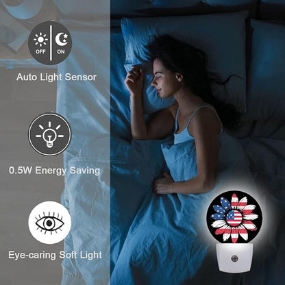 Sunflower USA Flag Plug in Night Light Auto Light Round Lamps Energy Saving Gift for Women Men Friends