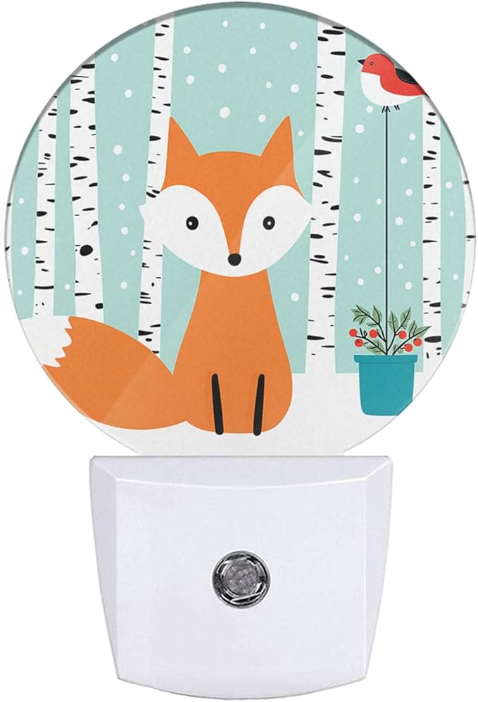EKOBLA Winter Fox Plug-in Night Light, Fox & Bird in Snowy Birch Forest LED Nightlight with Auto On/Off for Kids Room, 0.5W