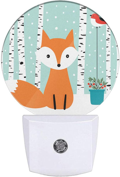 EKOBLA Winter Fox Plug-in Night Light, Fox & Bird in Snowy Birch Forest LED Nightlight with Auto On/Off for Kids Room, 0.5W