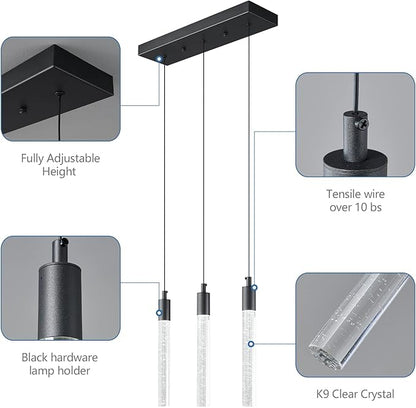Kitchen Island Lighting Modern Light Fixture Black Pendant Light Dimmable LED Black Finish Mini Crystal Pendant Lights for Dining Room Living Room（3-Light ）