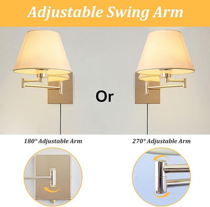 Rose Gold Wall Sconce Plug in, Swing Arm Wall Lamp with Beige Fabric Shade for Living Room Doorway Study Room Bedroom Bedside Reading Wall Light Fixtures with On/Off Switch