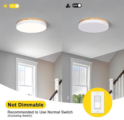 Modern Wood White Flush Mount Ceiling Light, 15.74" Round LED Low Profile Close to Ceiling Fixture for Kitchen Bedroom Bathroom Laundry Hallway Entryway Closet Living Room