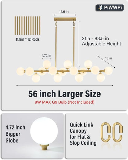 55" Long Brass Gold Chandeliers for Dining Room Kitchen Island, Large Globe Sputnik Linear Chandelier, 16 Lights Mid Century Modern Light Fixture Over Table, Milk White Bubble, GC-08