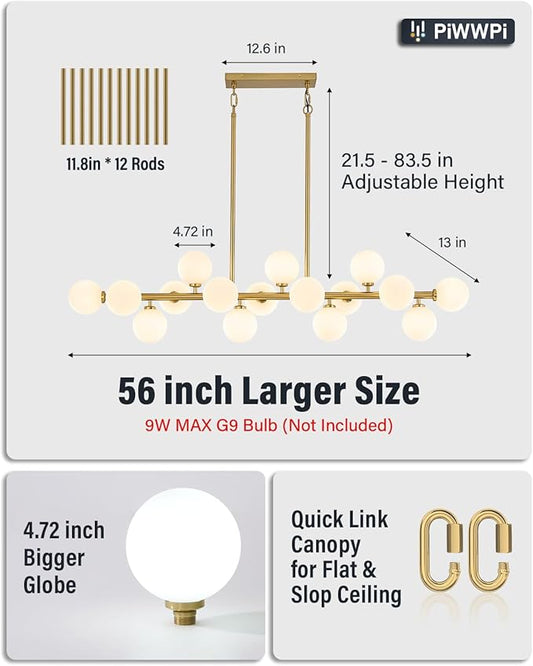 55" Long Brass Gold Chandeliers for Dining Room Kitchen Island, Large Globe Sputnik Linear Chandelier, 16 Lights Mid Century Modern Light Fixture Over Table, Milk White Bubble, GC-08