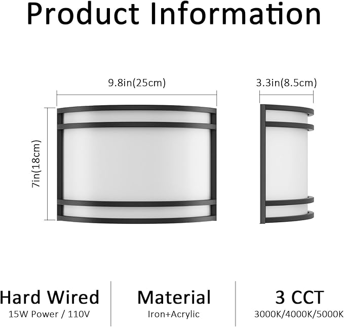15W LED Indoor Wall Sconce, 3000K/4000K/5000K Color Temperature, Dimmable Modern Indoor Wall Mount Half Cylinder Light Fixture for Hallway Bedroom, Matt Black