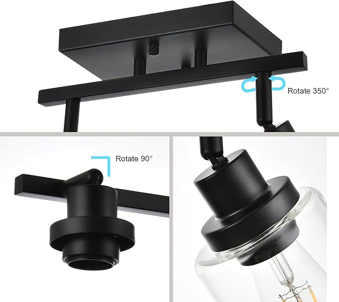 2-Light Track Lighting Kit Black Track Lighting Fixtures Bathroom Wall Sconces Ceiling Mount Kitchen Tracking Lights, Rotatable Spotlight with Clear Glass Shade for Kitchen Shop Hallway