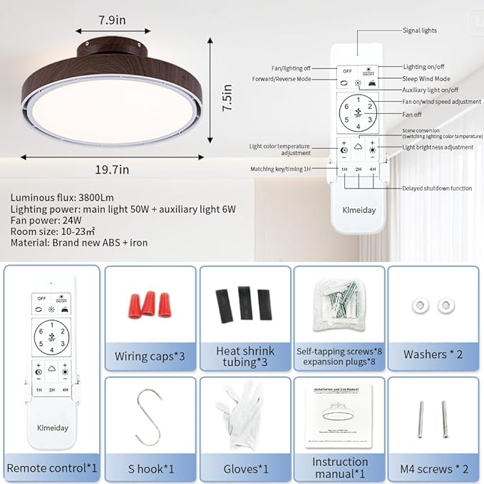 Bladeless Ceiling Fans with Lights and Remote, Flush Mount Modern Ceiling Fan with Light, 6 Speeds, Stepless dimming & 3000-6000K CCT LED Lights for Bedroom, Living Room (Dark Walnut)
