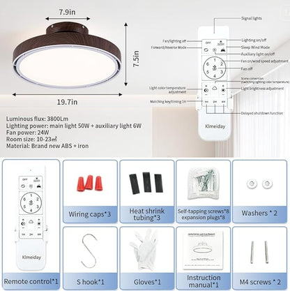 Bladeless Ceiling Fans with Lights and Remote, Flush Mount Modern Ceiling Fan with Light, 6 Speeds, Stepless dimming & 3000-6000K CCT LED Lights for Bedroom, Living Room (Dark Walnut)