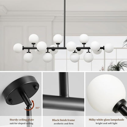 16-Light Mid Century Modern Chandelier: 39.4" Black Linear Sputnik Chandeliers - Milk White Glass Globe Dining Room Light Fixture - Long Modern Pendant Chandelier for Living Room Kitchen Island Table