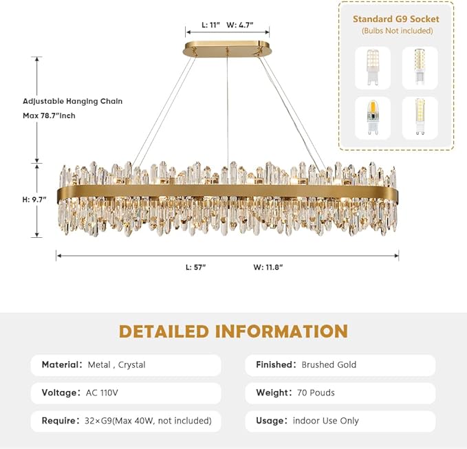Gold Oval Crystal Chandelier L57 inch, 32-Lights Gold Chandeliers Modern Crystal Chandelier Pendant Light Fixture G9 Lights Pendant Ceiling Light for Dining Living Room Kitchen Island