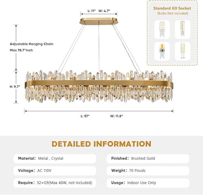 Gold Oval Crystal Chandelier L57 inch, 32-Lights Gold Chandeliers Modern Crystal Chandelier Pendant Light Fixture G9 Lights Pendant Ceiling Light for Dining Living Room Kitchen Island