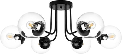 KoKo&Yukina 6-Light Modern Semi Flush Mount Ceiling Light Fixture Mid Century Ceiling Light Globe Ceiling Light with Clear Glass Shade Matte Black Finish for Bedroom Hallway Dining Room Living Room