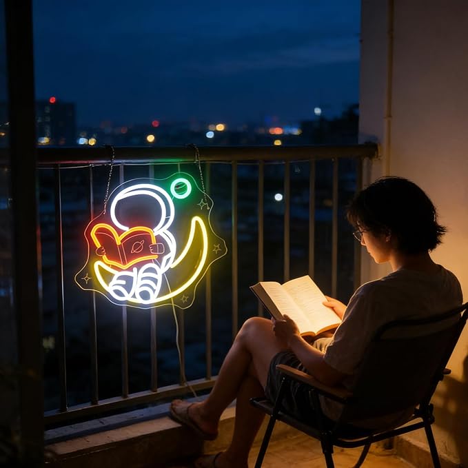 Nordstylee Astronaut Reading on Moon Neon Sign for Kids Room Study – Bookish LED Wall Art, Dimmable USB Space-Themed Decor, Unique Wall Hanging