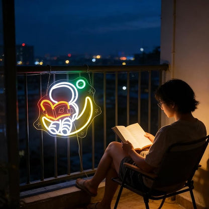 Nordstylee Astronaut Reading on Moon Neon Sign for Kids Room Study – Bookish LED Wall Art, Dimmable USB Space-Themed Decor, Unique Wall Hanging