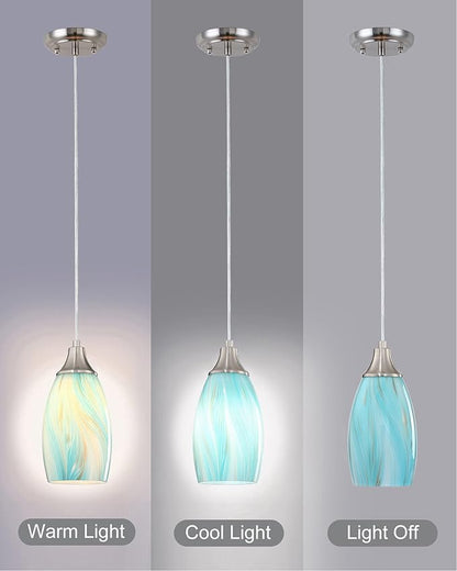 karyfine Mini Art Glass Pendant Lights Kitchen Island,Handcrafted Teal with Gold Glass Ceiling Pendant Lighting Brushed Nickel Adjustable Cord Hanging Lamp Cover for Coffe Bar,Dining Room 3pack