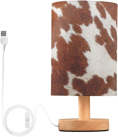 Bedside Table Lamp White Brown Cow Print Nightstand Lamp with Wood Animal Skin Desk Lamps for Bedroom Living Room Nursery Office Home Decor