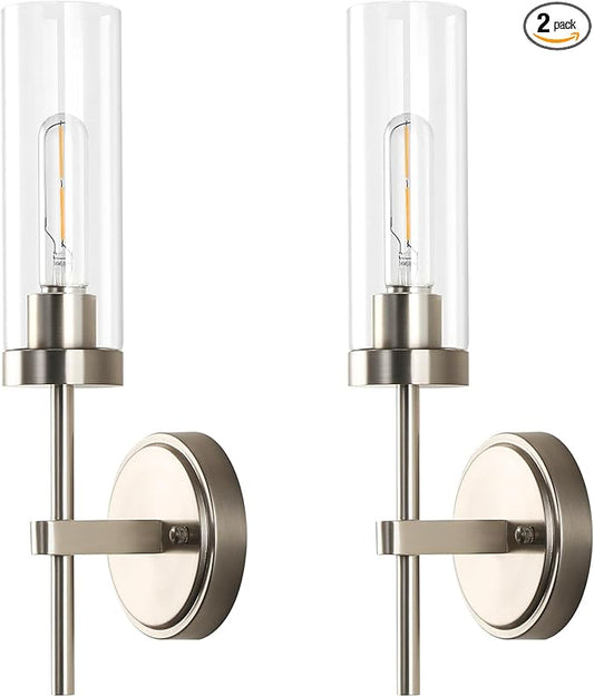 WILON Bathroom Wall Sconces 2 pcs, Vanity Lights for Bathroom, Indoor Wall Light Fixtures with Clear Glass Shades, Wall Lamp for Mirror Bedroom Living Room Bedside Hallway, Nickel