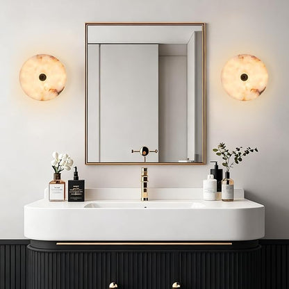 9.84 Inch Round Natural Alabaster Wall Sconce Marble Stone Light Decor for Wall, Dimmable 3CCT Hardwired Circular Sconce LED Modern Wall Lamp for Bedroom, Living Room, Bedside, Hallway (Black)