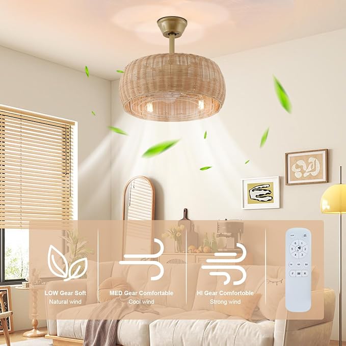 18.1" Rattan Caged Ceiling Fan with Lights 4-Light Beige Fandelier with Light Boho Bamboo Chandelier Fan with Light Reversible Motor, Remote Wicker Pendant Light with Fan for Bedroom Living Room
