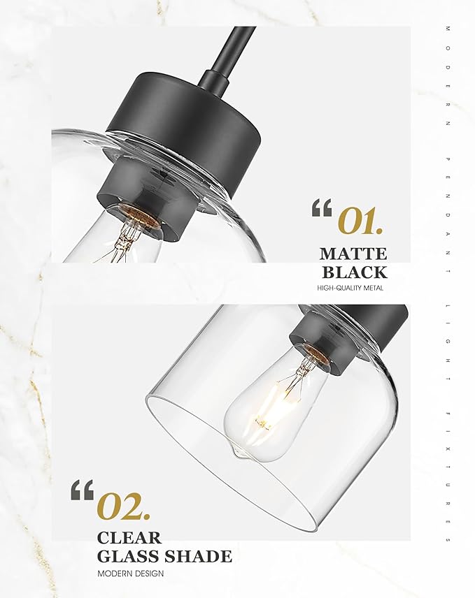 2-Pack Pendant Lights Kitchen Island, 7" Matte Black Hanging Lights Fixtures with Clear Glass Shade, Modern Kitchen Pendant Lighting Over Island for Dining Room, AD-24024-1P2-BK