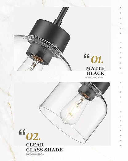 2-Pack Pendant Lights Kitchen Island, 7" Matte Black Hanging Lights Fixtures with Clear Glass Shade, Modern Kitchen Pendant Lighting Over Island for Dining Room, AD-24024-1P2-BK
